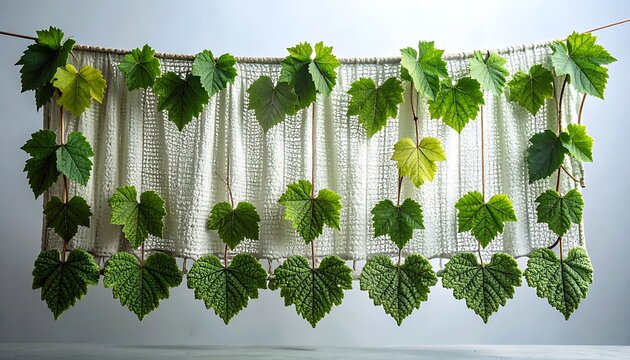 Natural grapevine leaves arranged in a decorative pattern on a macrame textile backdrop, suggesting organic growth and artisanal craft