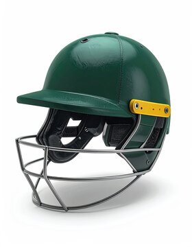 Dark green protective headgear with silver cage and yellow adjuster