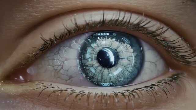 Extreme close-up macro shot of a human blue eye with detailed iris texture and reflections showing awareness
