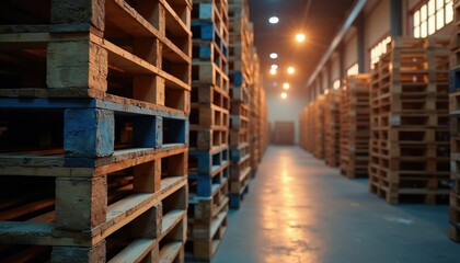 Obraz premium Rows of wooden pallets stacked high in dimly lit warehouse. Warm light casts long shadows across concrete floor, highlighting rustic texture of stacked materials, creating industrial atmosphere.