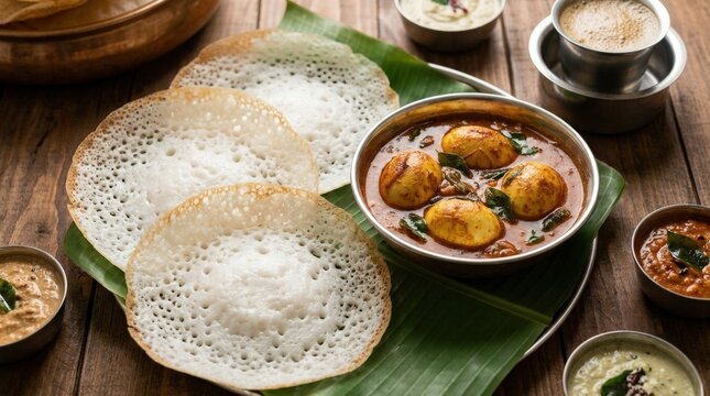 Kerala Appam with Egg Curry Authentic South Indian Breakfast, authentic Indian food concept for restaurant menus, regional cuisine branding and appetizing culinary advertising with rich traditional