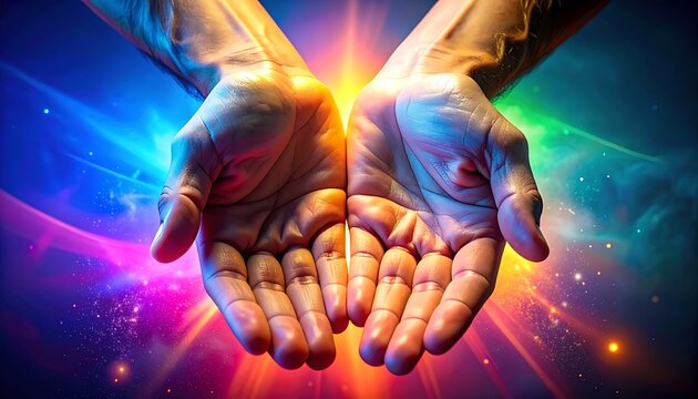 Open cupped hands receiving vibrant cosmic energy, glowing particles and colorful light streaks against a dark nebula background, spiritual healing or creation concept