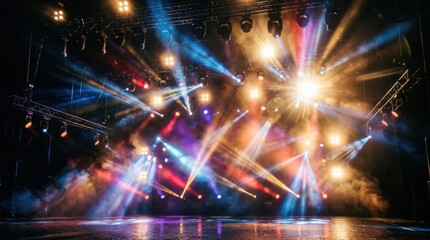 Obraz premium An abstract stage lights background with glowing beams, haze, reflective flare, layered illumination, dramatic performance atmosphere, ultra-realistic, no logos.