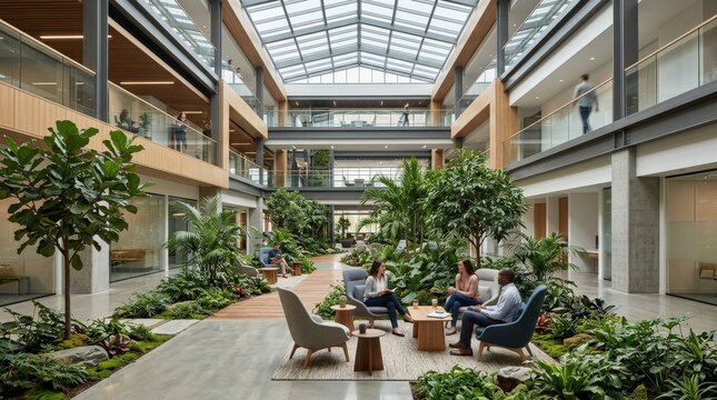 Office atrium with indoor garden and seating, modern corporate architecture, biophilic design in workplace, lounge chairs beneath greenery, open central space, clean contemporary environment, soft