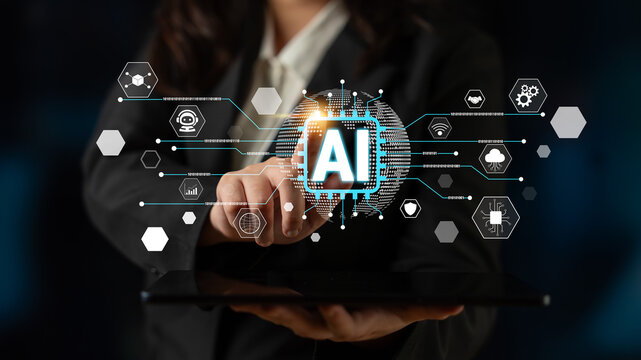 Business Professional Interacting with AI Technology on Tablet with Modern Graphical Interface Displaying Data and Icons in a Dark Background Fluxor.