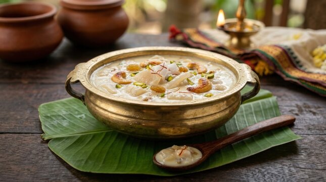 Kerala tender coconut payasam elaneer dessert, creamy South Indian sweet with delicate texture and tropical flavor appeal for festive menus, dessert promotion and regional cuisine themes, soft light,