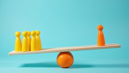 Obraz premium Five yellow figures and one orange figure on seesaw. Group versus individual concept on tilted plank. Wood game pieces represent unequal balance on orange.