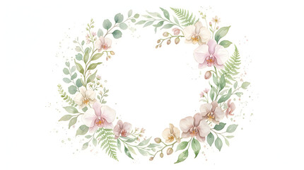 Fototapeta premium Watercolor floral wreath with delicate pink and yellow flowers and green leaves watercolor botanical decoration invitation