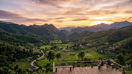 Naklejka premium Beautiful panorama landscape skyline of Doi Sakad mountain valley with sunlight at sunset sky in Pua Nan Thailand, travel, destination and lifestyle theme, premium stock image, high commercial appeal,