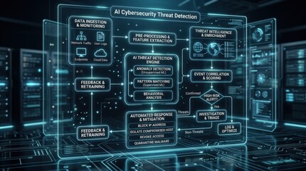 Fototapeta premium AI Cybersecurity Threat Detection Flowchart for Security, enterprise cybersecurity, anomaly detection, secure access, threat intelligence and resilient protection, dark premium tech scene, luminous
