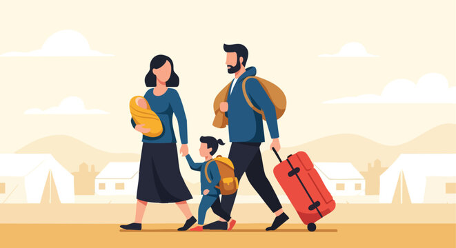 Refugee Family Walking. Migration Concept Illustration. Flat Vector Art. Displacement Illustration.