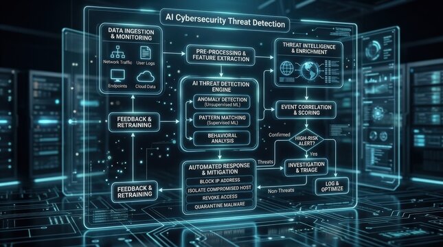 AI Cybersecurity Threat Detection Flowchart for Security, enterprise cybersecurity, anomaly detection, secure access, threat intelligence and resilient protection, dark premium tech scene, luminous
