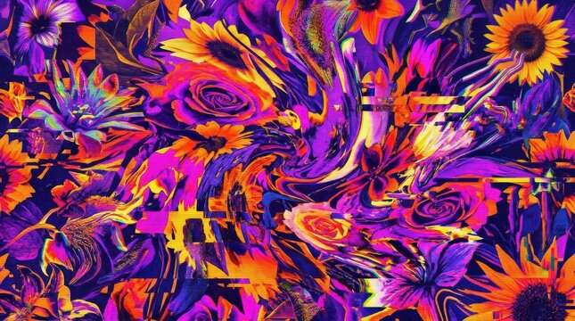 Psychedelic floral background with purple and orange glitch distortion and scanline artifacts, corrupted nature texture for summer festival flyers, rave posters and music visuals, warped petals,