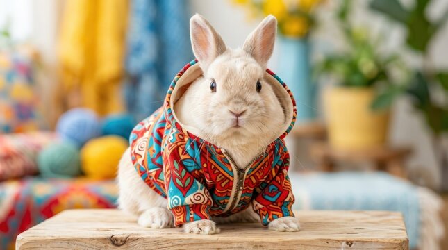 Light-colored rabbit wearing vibrant red and turquoise patterned zip hoodie, playful fashion animal portrait with bold textile detail and bright studio styling, no logos