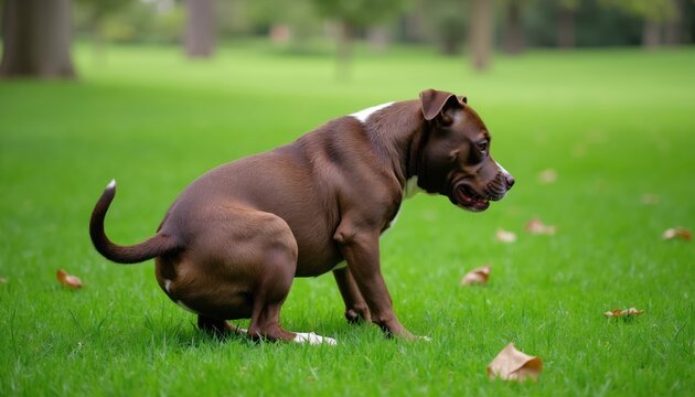 Brown pitbull dog defecating on green grass in park. Pet dog poops in lawn during daytime. Cute animal needs to poop outside on green field.