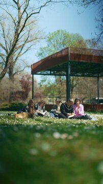 A group of young students focuses on their books while studying together in a park. They enjoy a peaceful and productive learning session outdoors on a bright day.