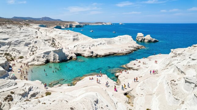 Sarakiniko Beach in Milos, aerial fly, scenic destination view for travel, tourism, summer branding and lifestyle editorials, expansive perspective, bright atmosphere and polished vacation appeal,