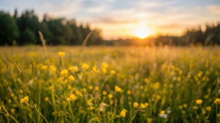 Obraz premium Abstract soft focus sunset field landscape of yellow flowers and grass meadow warm golden hour sunset sunrise time. Tranquil spring summer nature closeup and blurred forest background. Idyllic nature,