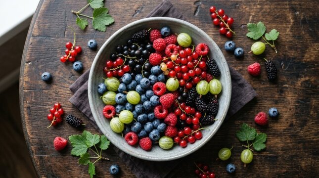 Bright mixed berries in grey bowl, top view on dark table with blueberries, currants, raspberries, gooseberries and mulberries, organic harvest concept with vivid natural colors, natural light,