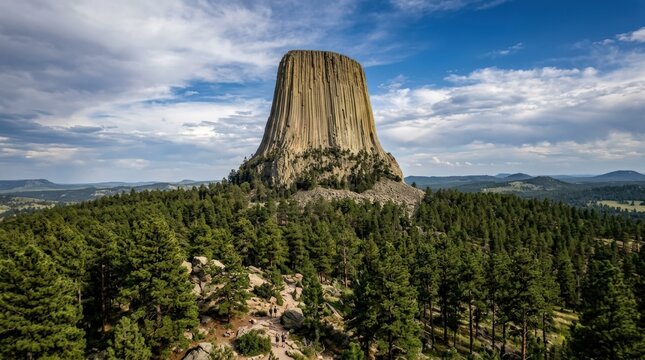 Devil's Tower National Monument rising above pine forest and rock, iconic geological landmark with dramatic vertical form for travel, nature and heritage storytelling, sweeping composition,
