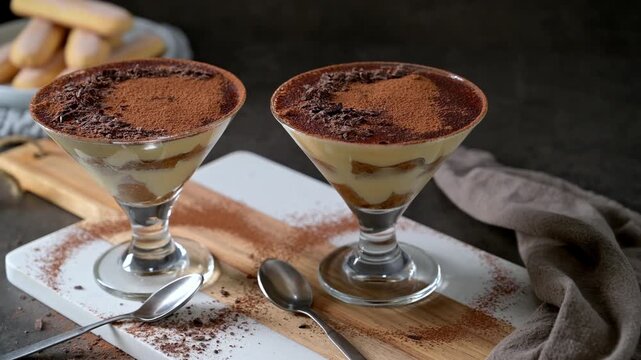Individual portions of creamy tiramisu are served in elegant stemmed cocktail  glasses against a dark textured background. The dessert features visible layers of mascarpone and cocoa with soft side li