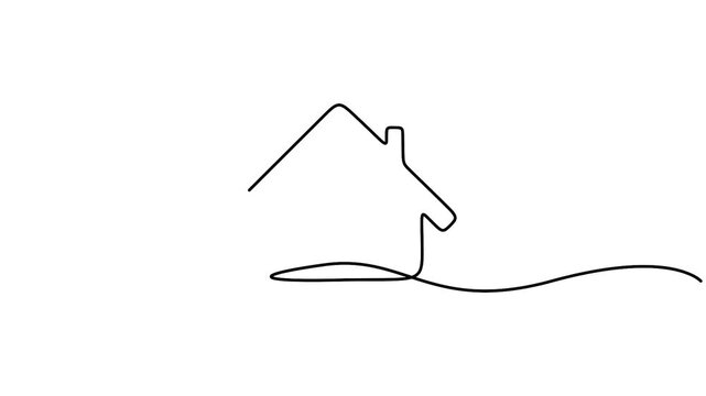 Continuous line drawing animation of a house silhouette, minimalist one line art for real estate and mortgage concept