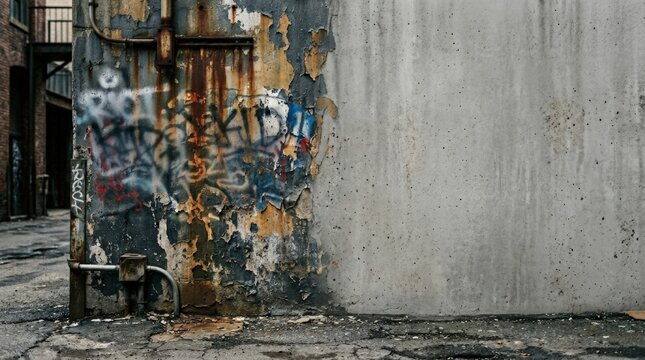 Old concrete wall with peeling paint, graffiti splatter and rust marks, dark gritty texture with generous copy space for urban branding, poster design and moody social visuals, distressed industrial