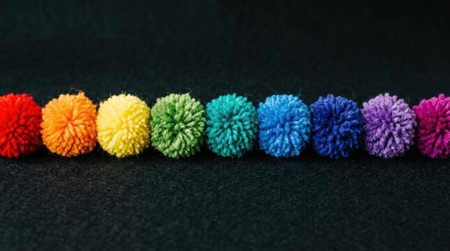 Row of rainbow fluffy pompoms on a black background, colorful soft craft elements with playful texture and bold contrast, realistic detail, no logos
