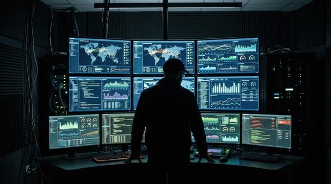 Silhouette of a man observing multiple digital screens with graphics, data monitoring and technology analysis concept in a dark control room, realistic detail, no logos