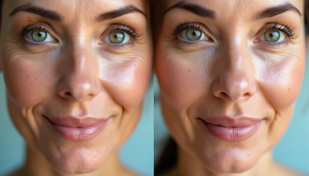 Split image shows woman face before and after skincare. Left side has wrinkles and blemishes, right side has smooth clear skin. Result of facial treatment showing pore reduction and even tone.