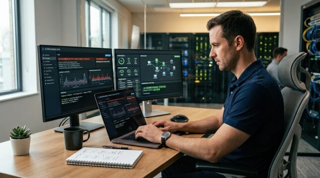 AI-powered automated debugging and troubleshooting concept, system engineer using laptop to instruct AI monitoring for maintenance, diagnostics, detection and workflow support in enterprise
