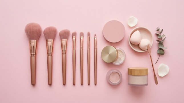 Set of makeup brushes and powder containers on a pink background, professional beauty tools flat lay, clean cosmetic arrangement, minimal feminine styling, soft even light, no logos