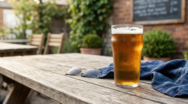 Cold beer on rustic wooden table with inviting copy space, refreshing beverage mockup for brewery branding, summer bar campaigns and relaxed outdoor dining visuals, inspired by Glass of beer on wooden