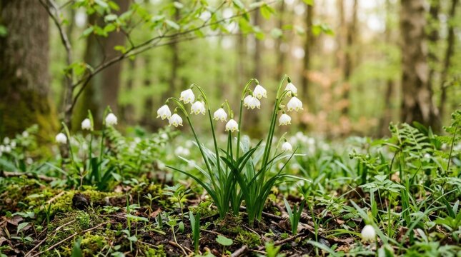 Blooming spring snowflake flowers growing in forest, fresh white blossoms with green stems in soft natural light, peaceful seasonal nature close-up with delicate botanical charm and woodland