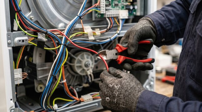 Technician cutting red wires with wire cutters, electrical repair and maintenance concept for appliance service, home safety, diagnostics and technical work, close up hands, photorealistic, high
