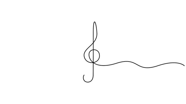 Single continuous line drawing animation of a treble clef musical symbol on white background Minimalist one line art animation of musical G-clef sign with elegant wavy line