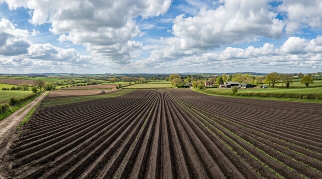 Wide cultivated field with symmetrical soil rows under bright spring clouds, expansive farming landscape with strong agriculture, arable land and countryside panorama appeal for rural and food