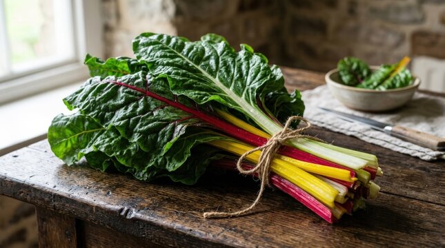 Bunch of fresh chard stalks tied together on a dark wooden table, organic leafy vegetable preparation concept with vivid stems and strong commercial appeal for healthy cooking and farm produce