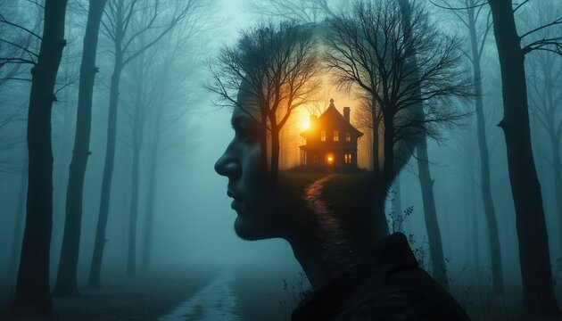 Silhouette profile superimposes haunted house in foggy forest. Double exposure shows path leading to warm lit building inside human mind. Concept art for imagination, mystery, and thought.