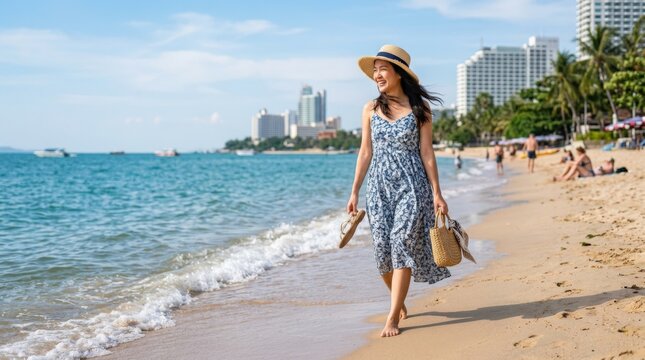 Happy traveler Asian woman with hat and dress relaxing and traveling in Wong Amat Beach at Pattaya Thailand, summer holiday vacation concept, tropical lifestyle, breezy shoreline mood, natural light,