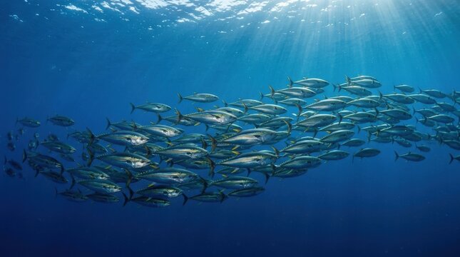 School of yellowfin tuna gliding through the deep blue ocean, marine wildlife concept for nature, conservation, underwater travel and aquatic themes, synchronized movement, clear water, realistic fish