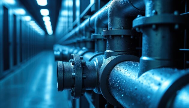 Industrial cooling pipes in data center hall. Blue ambient lighting reflects on metal pipes. Water droplets form on cold surface. Modern technology infrastructure inside server room.