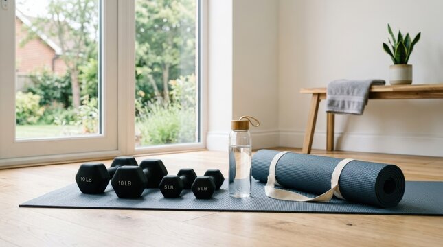 Workout scene with dumbbells, water bottle and rolled yoga mat on the floor, healthy fitness lifestyle setup in a clean exercise space, natural light, no logos