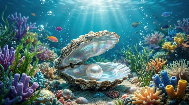 Pearl inside open oyster shell underwater with ocean plants and bubbles, luxury marine concept, elegant aquatic scene, luminous detail, no logos