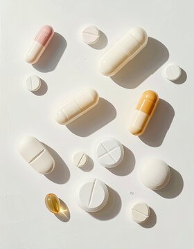 Assorted medicinal capsules and pills scattered on a bright white surface