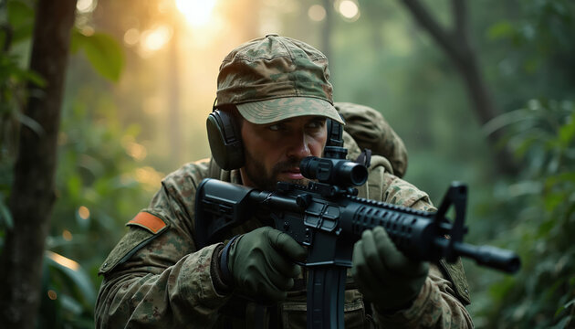 Soldier in camouflage gear aims rifle in dense green jungle. Man wears headset, cap, looks intently through scope. Sunlight filters through trees creating dappled shadows.