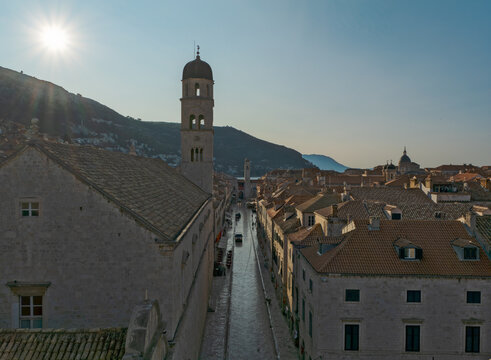 View of Stradun Street and Sponza Palace in Dubrovnik Old Town