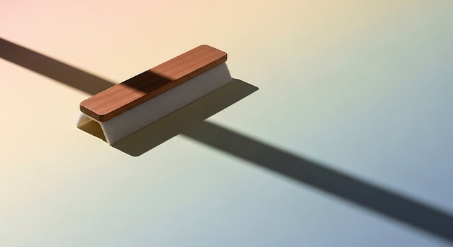 A wooden clothes brush with soft white bristles casting a long sharp shadow on a colorful gradient. blackboard duster