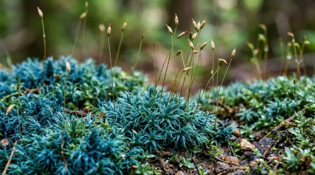 Macro view of blue moss with tall thin seed stalks, natural texture close up, miniature botanical landscape, no logos