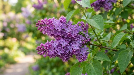 Obraz premium Purple lilac flowers in green foliage close up, beautiful spring blossom background with fresh seasonal fragrance mood and elegant botanical charm, soft natural light, realistic petal and leaf detail,